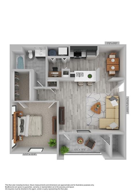 Floor plan for 1 bed, 1 bath, 806 sqft